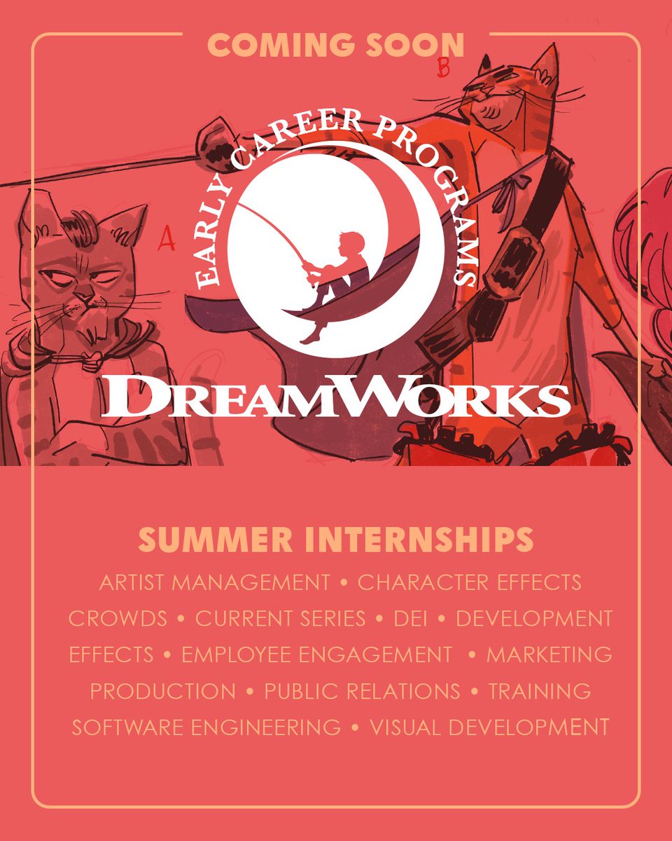 dreamworksjobs's tweet photo. Mark your CAT-lendars 😼 📆  DreamWorks Summer Internships are coming soon... 🌙 

📣 Join us for LIVE Q+A on Instagram (@DreamWorksCareers) on Weds, Feb 22 at 5pm PST to learn more about our Internship Program and get your burning questions answered! https://t.co/LXYH4LWA8m