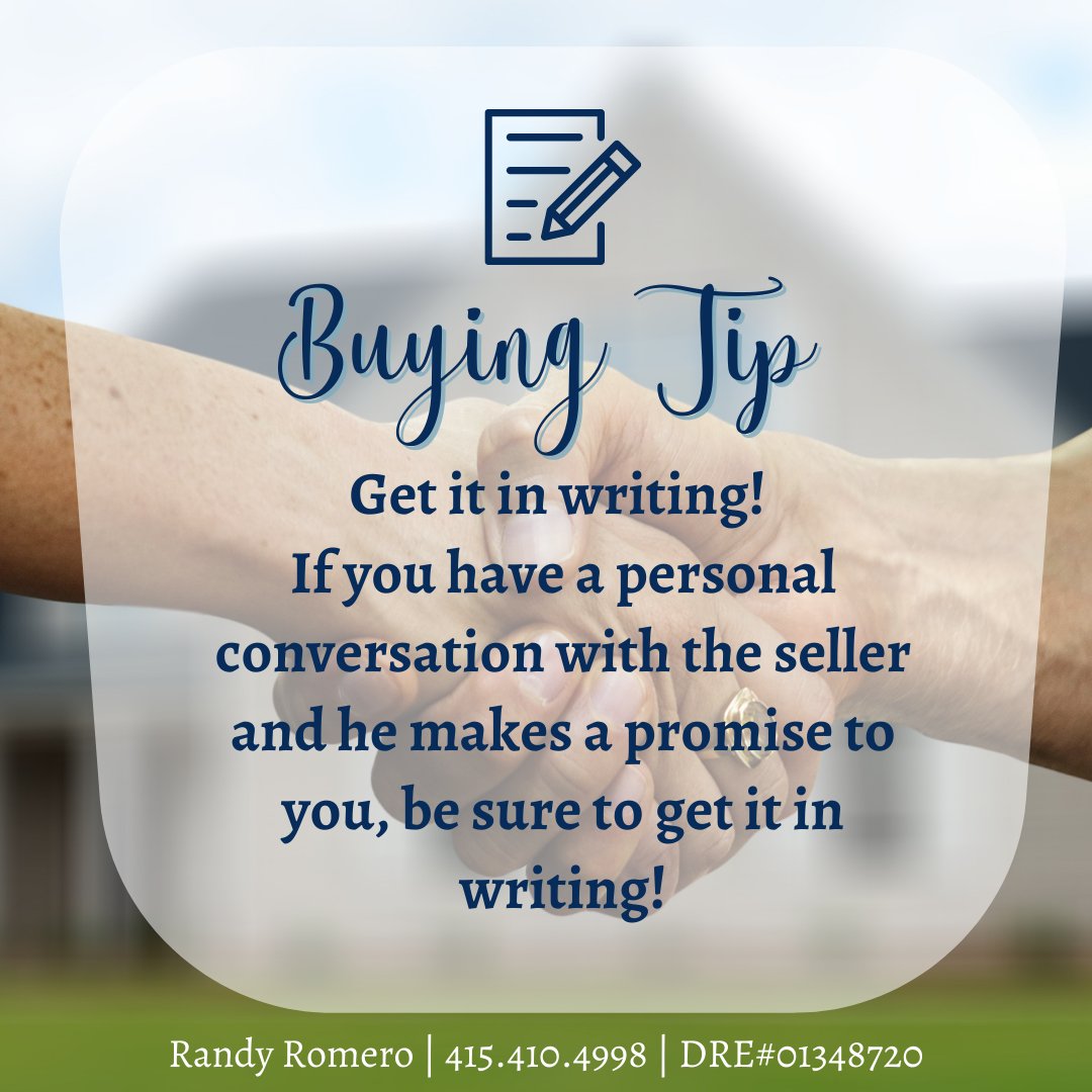 rarosf's tweet photo. #BuyingTip – Are you in the market for a new house? Always make sure to get in writing any promise the seller has agreed upon in a personal conversation, so he will keep the end of the bargain. #SFRealtor #SanFranciscoRealEstate #BayAreaRealtor https://t.co/xX59R6b5go