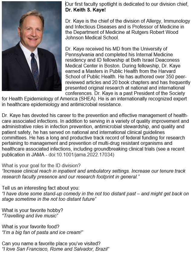 RWJMS_ID's tweet photo. Starting off our faculty spotlight series with @Keith_S_Kaye 🥳. For more information about our division: https://t.co/OMzeW7Sbs4 #IDtwitter #MedTwitter @RWJMS @rwjmsmedicine https://t.co/9yRuyZc98e