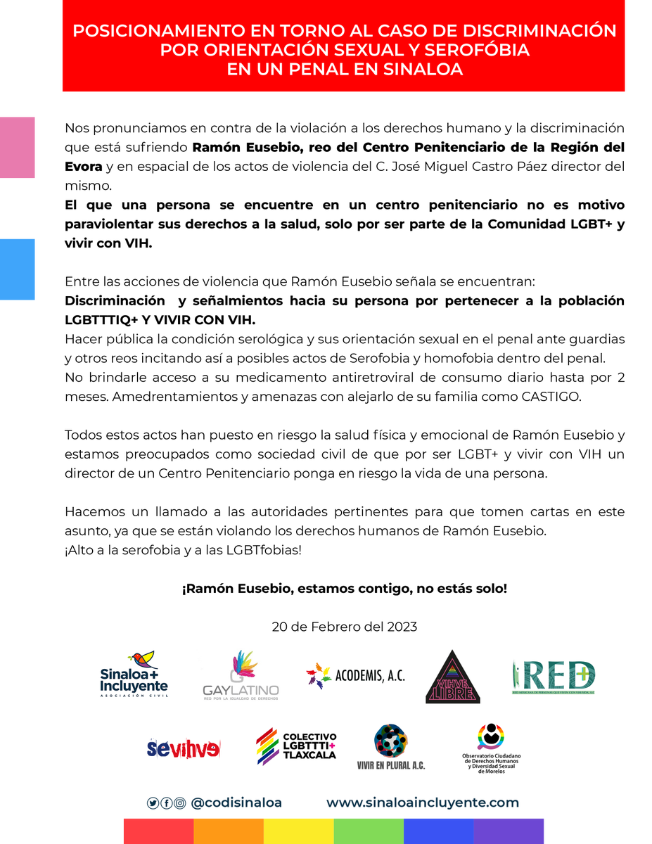 SinaloaIncluyen's tweet photo. ¡Exigimos se atienda el caso de Ramón Eduardo, Gob. @rochamoya_ alto a la discriminación y serofobia dentro de los Centros Penitenciarios. 🏳️‍🌈
@rochamoya_
@sinaloagobmx
@redgaylatino
@AcodemisC
@VIHveLibre
@ObservaLGBT
@Alainwho https://t.co/T8DvgyBcM4