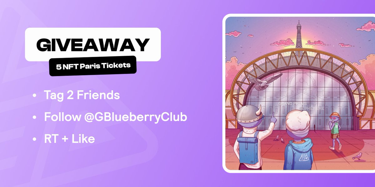 GIVEAWAY 🎁

Today we're giving away 5 tickets for NFT Paris 

Quick reminder, we'll have our dedicated booth during the event on February 24th and 25th 

To participate 👇

- Tag 2 Friends
- Follow <a href="/GBlueberryClub/">GMX Blueberry Club</a> 
- RT + Like

24h, good luck 🤞