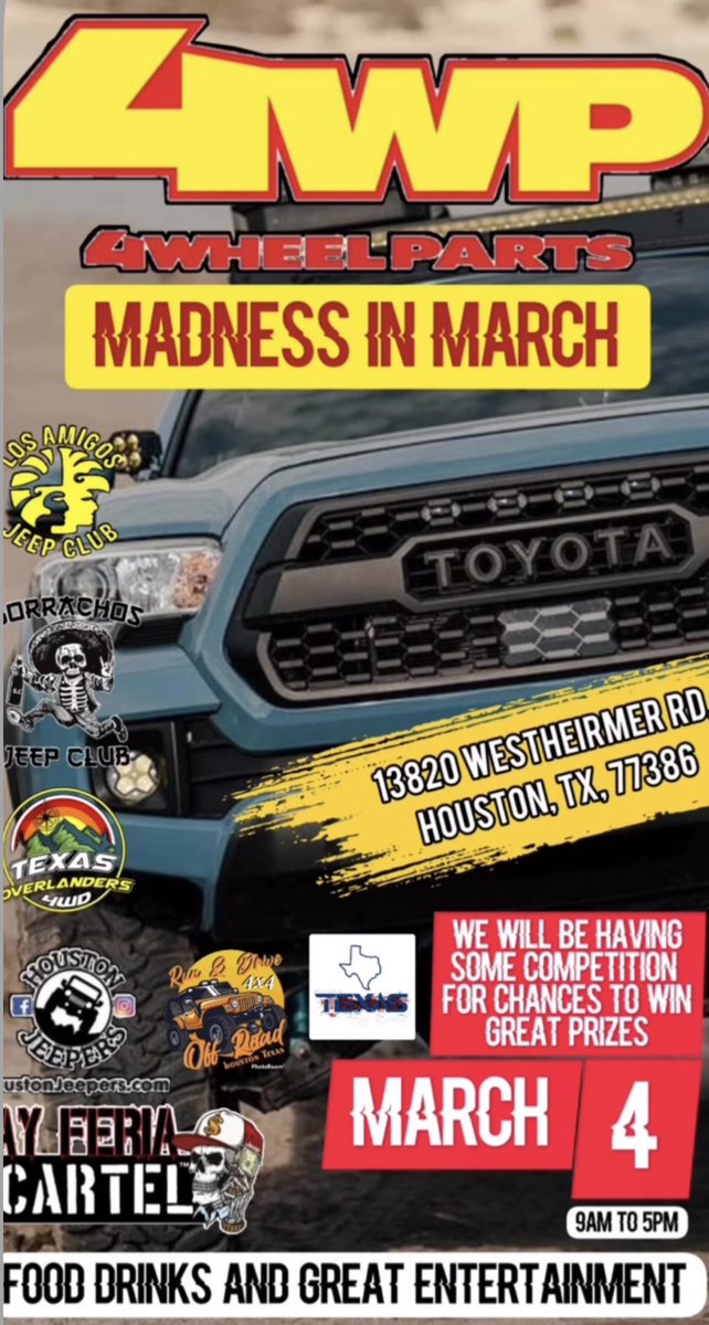 MADNESS IN MARCH with @4WheelParts Houston,TX📍Don’t Miss Food, Drinks, and Great Entertainment March 4th🙌🏽🔥 #4WheelPartsHouston #4WP #MadnessinMarch #GreatEntertainment #ThePLMagency #WinAPrice #thePLMagencyMovement