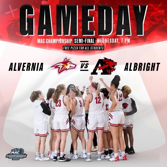 Albright Lions (@albrightlions) on Twitter photo GET EXCITED ALBRIGHT FANS IT IS ALMOST PLAYOFF TIME ‼️
<a href="/AlbrightWBB/">Albright WBB</a> is set to host Alvernia in the MAC Commonwealth semifinals on Wednesday (Feb. 22) at 7 p.m.
Albright Students: Get in free with your student ID and free pizza to all students that attend!! #RoarWithUs GET EXCITED ALBRIGHT FANS IT IS ALMOST PLAYOFF TIME ‼️
<a href="/AlbrightWBB/">Albright WBB</a> is set to host Alvernia in the MAC Commonwealth semifinals on Wednesday (Feb. 22) at 7 p.m.
Albright Students: Get in free with your student ID and free pizza to all students that attend!! #RoarWithUs