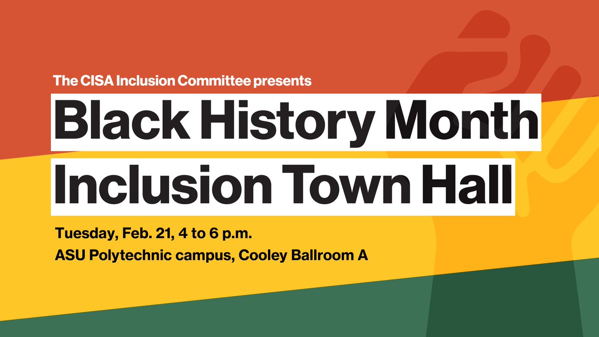 CISAASU's tweet photo. The CISA Inclusion Committee invites you to a  #BlackHistoryMonth Inclusion Town Hall tomorrow on the Polytechnic campus.

Featuring: 
Neal Lester
Angela Kenzslowe
Chris Kyselka (Diné)
@Az_Informant and members of the Black Rodeo and Buffalo Soldiers
https://t.co/e4HTmnN661 https://t.co/m8fMNhbn6j