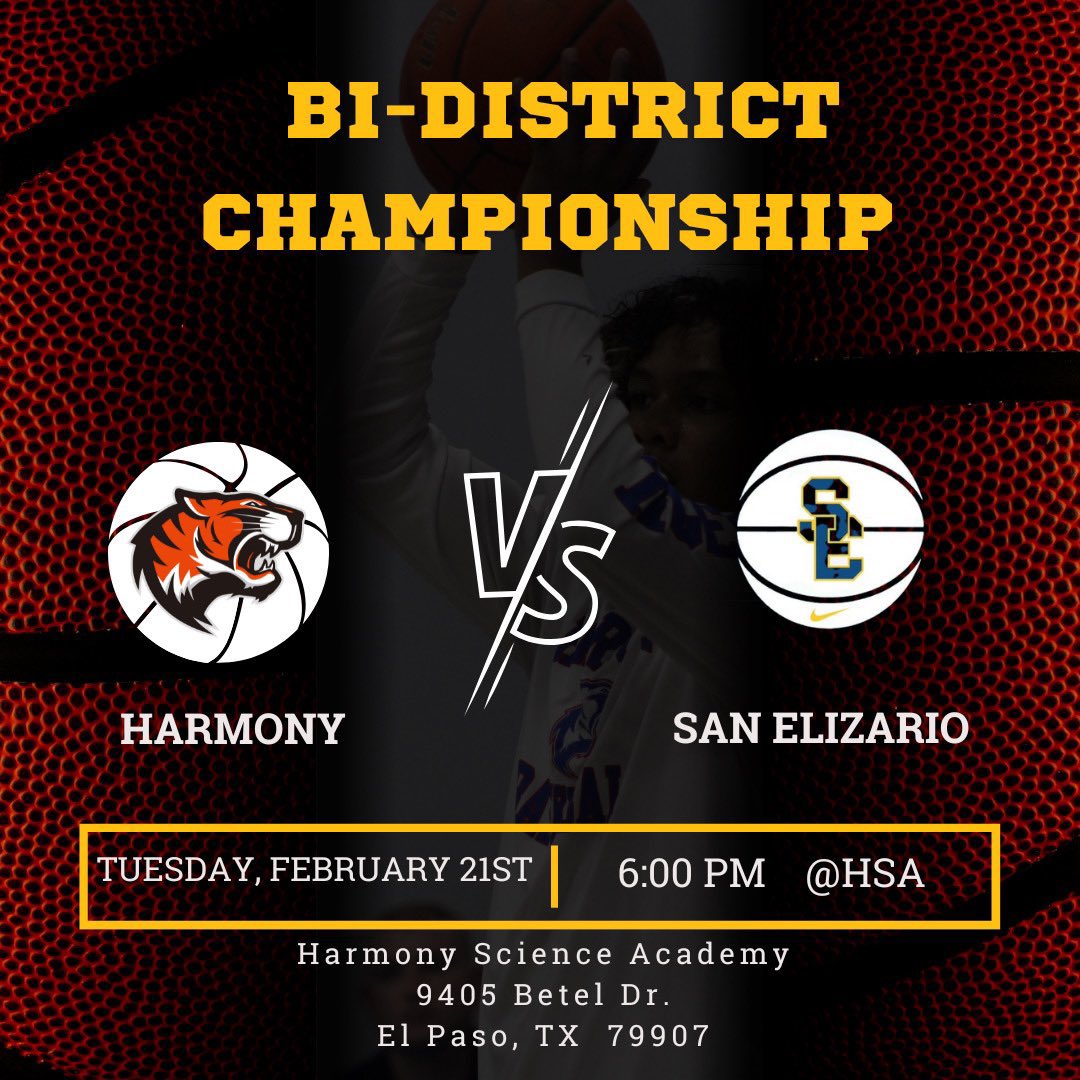 🏀 GAME DAY 🏀
We face San Elizario tomorrow night for Bi-District Championship!
📍: Harmony Science Academy 
🕕: 6:00 PM