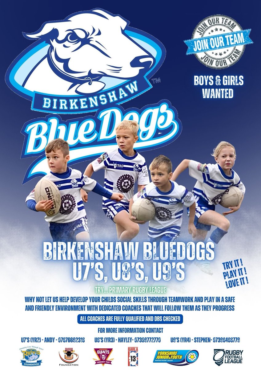 Anyone wishing to get their child involved in a team sport Birkenshaw Bluedogs are looking for new players no experience needed. All our coaches are fully qualified and Dbs checked