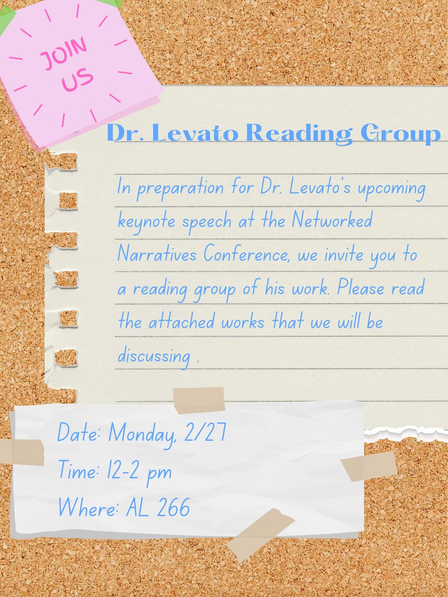 Net_Narratives's tweet image. Join the DR. LEVATO reading group NEXT WEEK, Monday, February 27 in Arts and Letters 266 ‼️📢

The ECL Writing Fellows have organized an incredible opportunity to discuss the work of our keynote before he arrives on campus to speak and Q&amp;amp;A on March 17 ! 📚

#ECL2023 #LetsNetwork
