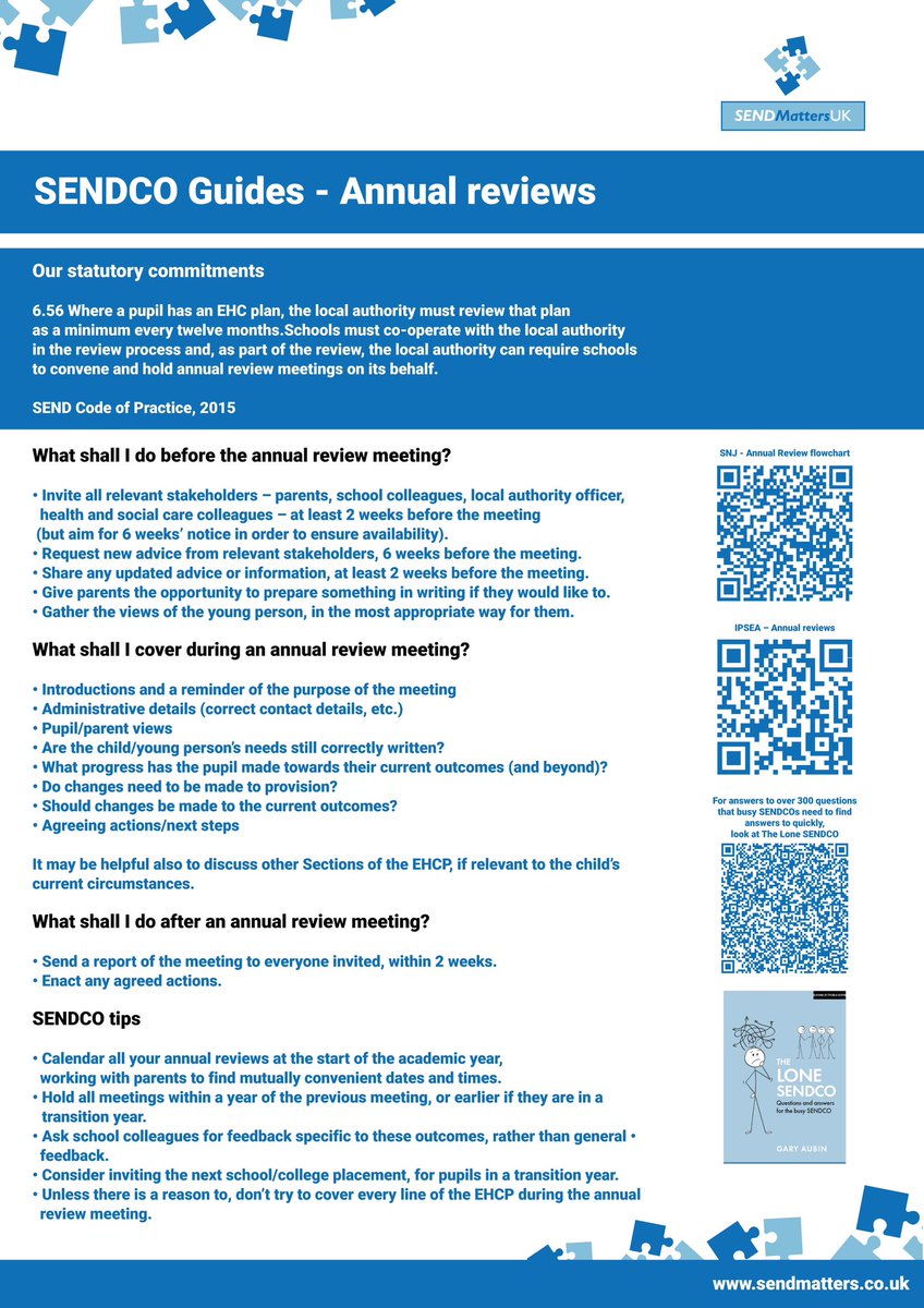 SENDMattersUK's tweet photo. Annual reviews of #EHCPs - what to do and how to do it. The latest #SENDCOGuide https://t.co/ypGqxo0lhx