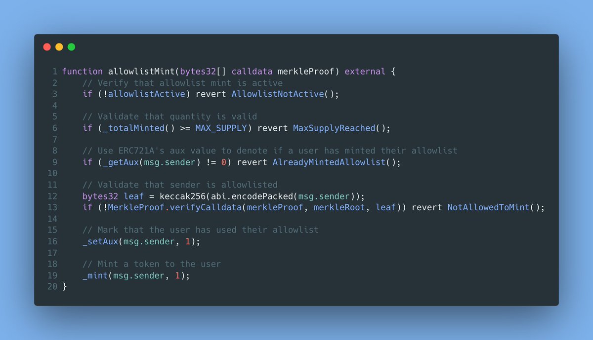0xCygaar's tweet photo. Several people have asked me how I would write the "ideal" mint function in an NFT contract, so here it is.

This demo code uses ERC721A, is gas efficient, and prevents users from minting more NFTs than allowed. 

I added more context in the thread 🧵: https://t.co/7N1d2Ke2fz