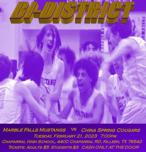 🚨TUESDAY➡️➡️➡️ TIP OFF @ 7:00 PM‼️

LET’S BRING THE CROWD MUSTANG NATION🏀💜💛🏀

#mustangnation #MustangPride 

GO GET’EM MUSTANGS🔥