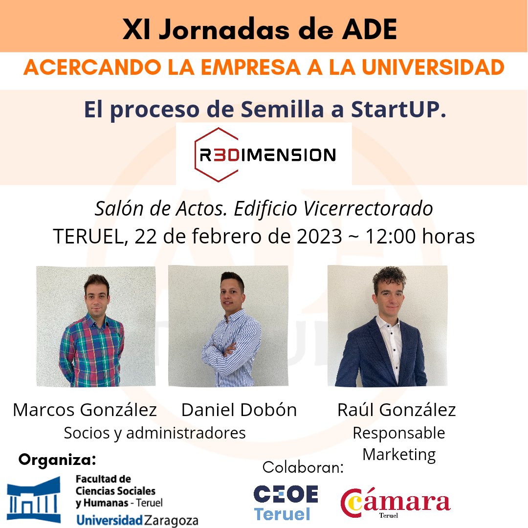 ADETeruel's tweet photo. XI JORNADAS DE ADE
EL PROCESO DE SEMILLA A STARTUP. R3DIMENSION
Marcos González y Daniel Dobón - Administradores y socios cofundadores
Raúl González - Responsable Marketing.
🗓️22/02/23
⌚12:00
🏫S. Actos vicerrectorado Teruel
@fcsh_teruel @unizar 
@r_3dimension https://t.co/1CONKZG57z
