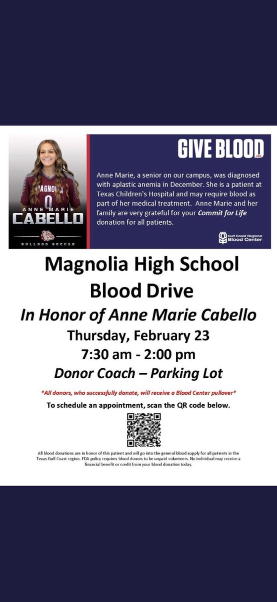 MagnoliaHighTX's tweet image. 🐾❤️ Blood Drive Thursday, February 23rd—Details below! ⚽️🐾❤️#commitforlife @MagHSsoccer