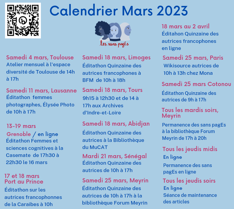 lessanspagEs's tweet photo. Envie de réduire le biais de genre sur @Wikipedia_fr

 en 2023 (rappel : les femmes n'y représentent que 19,4% des biographies) ?
Voici notre programme du mois de mars 👇 rejoignez-nous !

Tous les détails 👉 https://t.co/AGOvsHGCnK https://t.co/4rlvKiT5gP