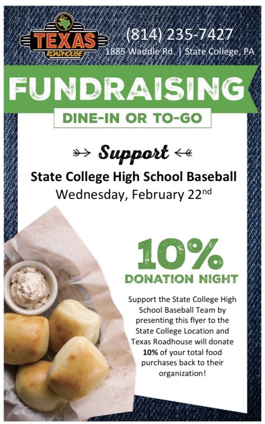 SC_baseball1's tweet photo. Great chance to get a great meal and help support our program.  Visit @texasroadhouse in State College on Wednesday 2/22 and bring the flyer https://t.co/MEXULuvvqg