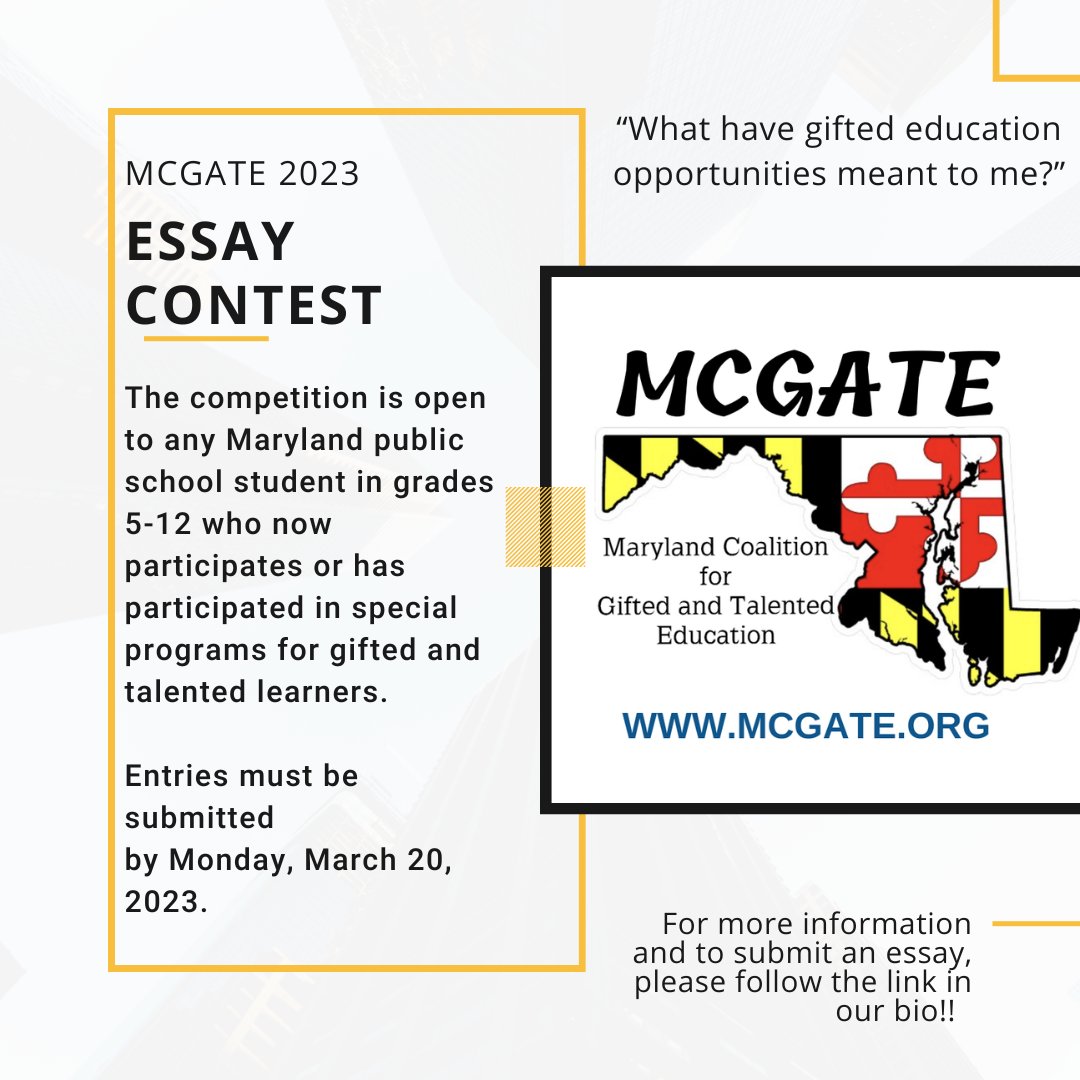 Our 2023 Student Essay Contest is now open! 
Maryland Gifted and Talented students in public school grades 5-12 are invited to participate in an essay contest: “What have gifted education opportunities meant to me?" 

For more information, please follow the link in our bio!