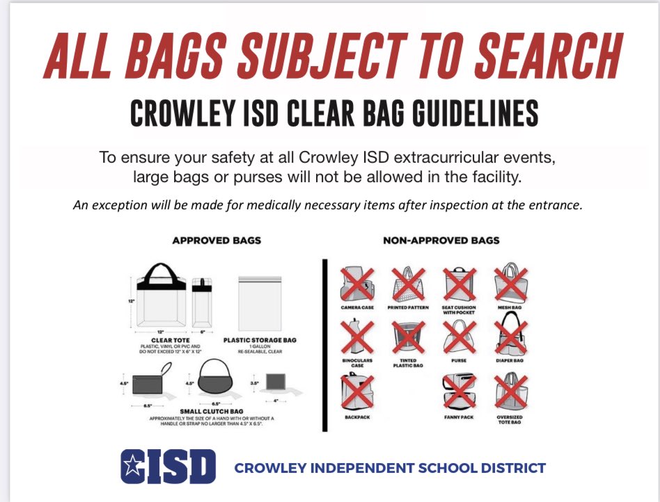 Purchase your Bi-district tickets online and Crowley has a clear bag policy                 crowleyisdtx.org/athletics