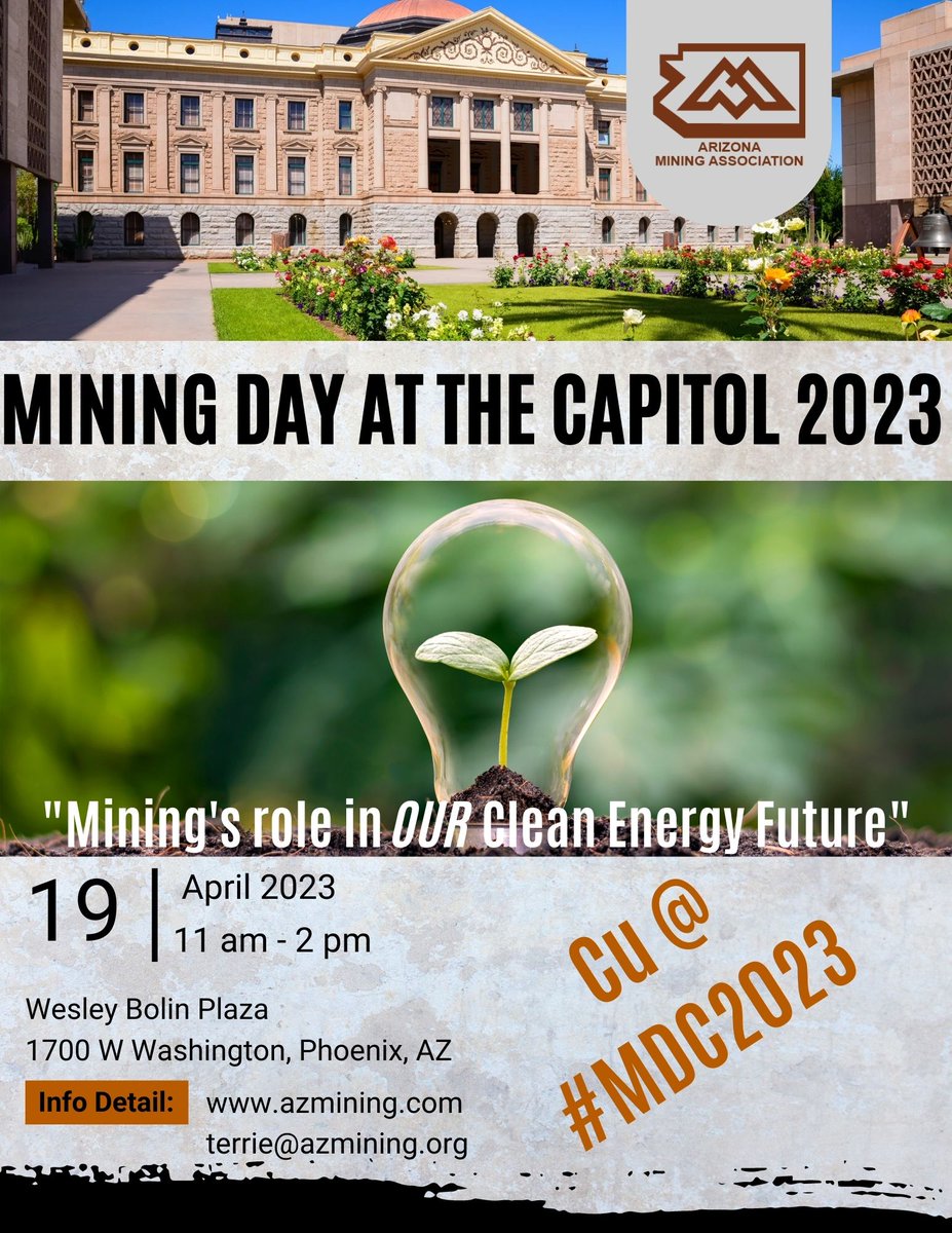 Arizona Mining Association (@azmining) on Twitter photo #MiningDayAtTheCapitol!
---
"Mining's role is OUR clean energy future"
Join us on April 19th to show your support and learn more about the mining industry and it's direct importance to our daily lives.
Questions? Reach out to terrie@azmining.org #MiningDayAtTheCapitol!
---
"Mining's role is OUR clean energy future"
Join us on April 19th to show your support and learn more about the mining industry and it's direct importance to our daily lives.
Questions? Reach out to terrie@azmining.org