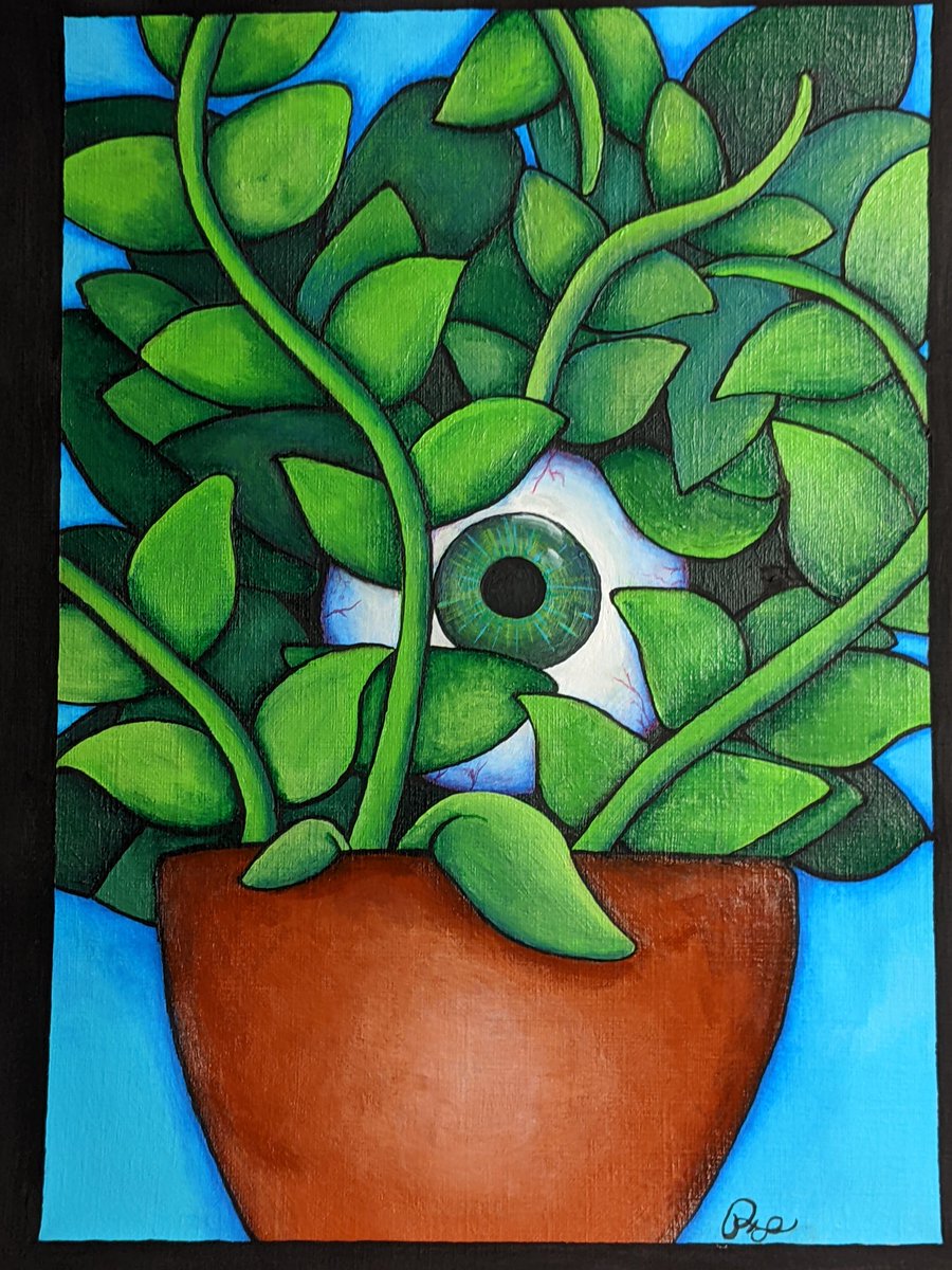 I've been away for a minute now,but going to try to post more here 🖤 here's a little eye guy in a plant #arttwt #art #painting #queerartist #darkart #eyeball