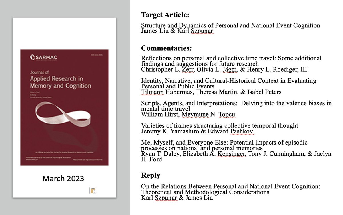 Qi Wang (@qiwang_cornell) on Twitter photo Heads up for the March issue of #JARMAC with an excellent set of articles on personal and collective event cognition and mental time travel. <a href="/APA_Journals/">APA Journals</a> <a href="/APA_Databases/">APA Databases</a> <a href="/OfficialSARMAC/">Society for Applied Research in Memory & Cognition</a> Heads up for the March issue of #JARMAC with an excellent set of articles on personal and collective event cognition and mental time travel. <a href="/APA_Journals/">APA Journals</a> <a href="/APA_Databases/">APA Databases</a> <a href="/OfficialSARMAC/">Society for Applied Research in Memory & Cognition</a>