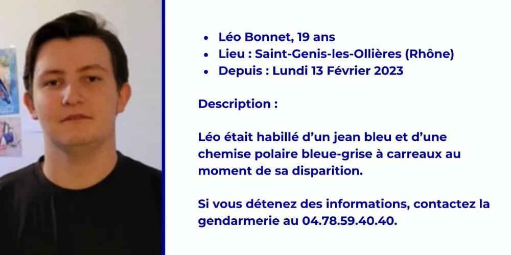 🔴 APPEL À TÉMOINS - Léo Bonnet, 19 ans, a disparu alors qu’il était sorti de chez lui pour se rendre à l'auto-école à Saint-Genis-les-Ollières, près de Lyon. Il portait un jean, des baskets, et une chemise polaire bleue à carreaux. #AppelÀTémoins #Rhône