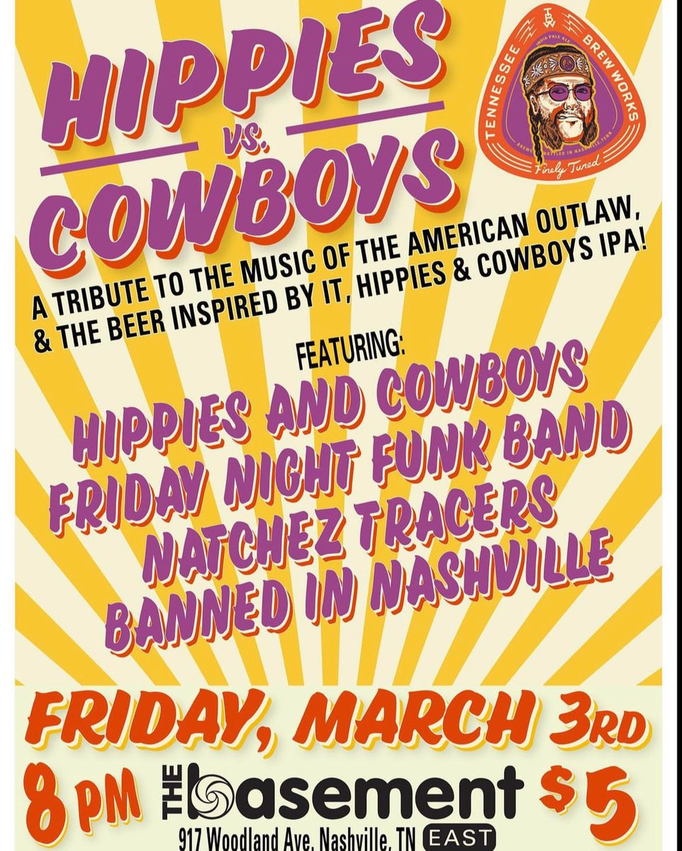 hippiesandcowb1's tweet photo. Tickets on sale for our tribute show to the American Outlaw and the @TennesseeBrew beer inspired by it: Hippies &amp; Cowboys IPA. We rock @BasementEast on March 3rd. Tix: https://t.co/sE3ClNwxgF #tennesseebrewworks #basementeast #indie #indierock https://t.co/vm7EiKBxbJ