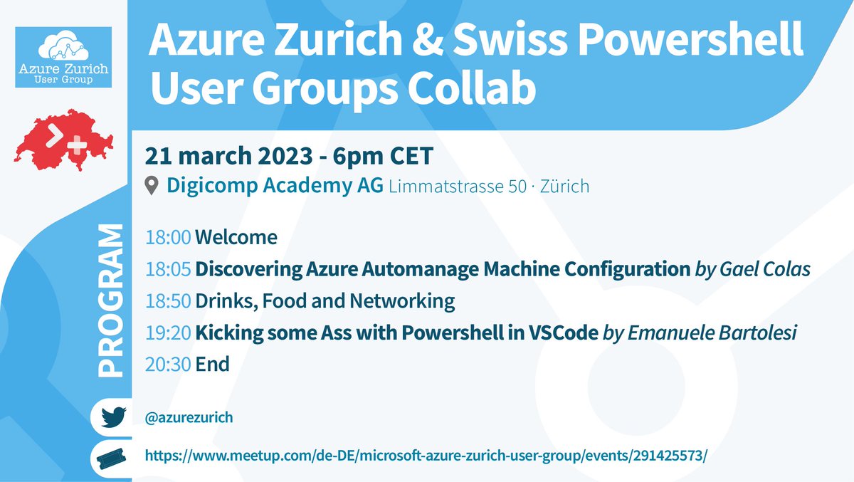 We are joining forces with the Swiss #Powershell #UserGroup <a href="/swisspsug/">swisspsug</a> for a meetup on 21.03. at <a href="/DigicompCH/">Digicomp</a>. <a href="/gaelcolas/">gael</a> will speak about #Azure Automanage Machine Configuration and <a href="/kasuken/">Emanuele Bartolesi</a> shows us how to kick ass in #VSCode. meetup.com/de-DE/microsof… with <a href="/THafermalz/">thomas Hafermalz</a>