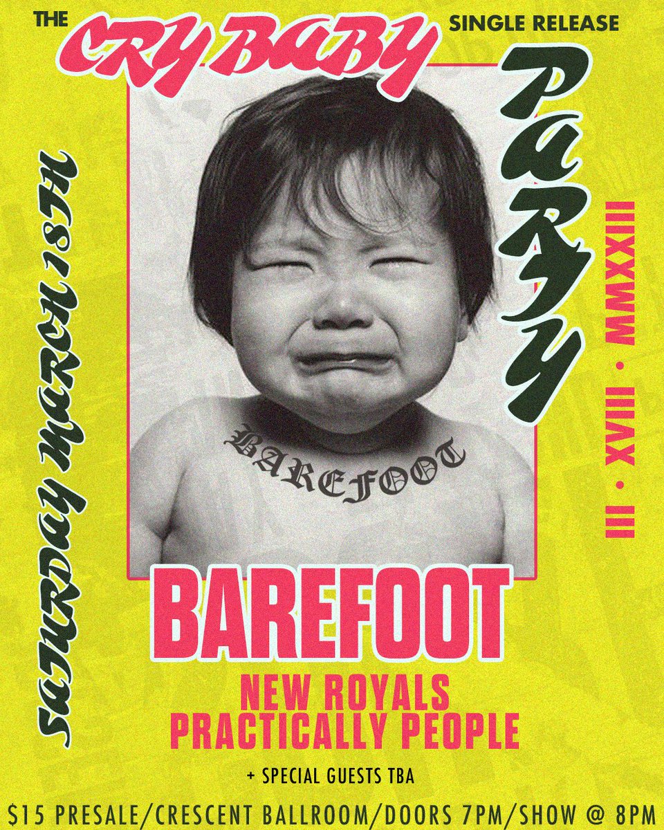 Stoked to announce that we will be playing @crescentballroom on Saturday March 18th for our CRY BABY Single Release Party. Yeah you read that correct, Barefoot will be dropping our new single “CRY BABY” soon and we wanted to celebrate this with all of you. TIX ON SALE NOW