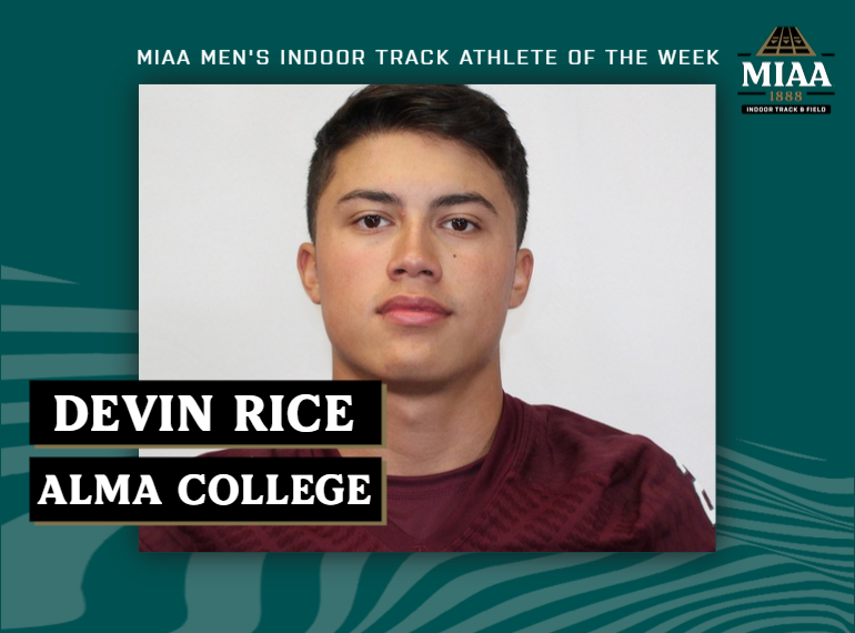 MIAA1888's tweet photo. #D3MIAA Men's Indoor Track and Field Athletes of the Week | February 20, 2023

Track:
Devin Rice, @AlmaScots
https://t.co/YkPRu7vmhA

Field:
Kimball Hughes, @TrineAthletics
https://t.co/Iv44FMq2M4

#MIAAtrackfield https://t.co/4Lr6x050pF