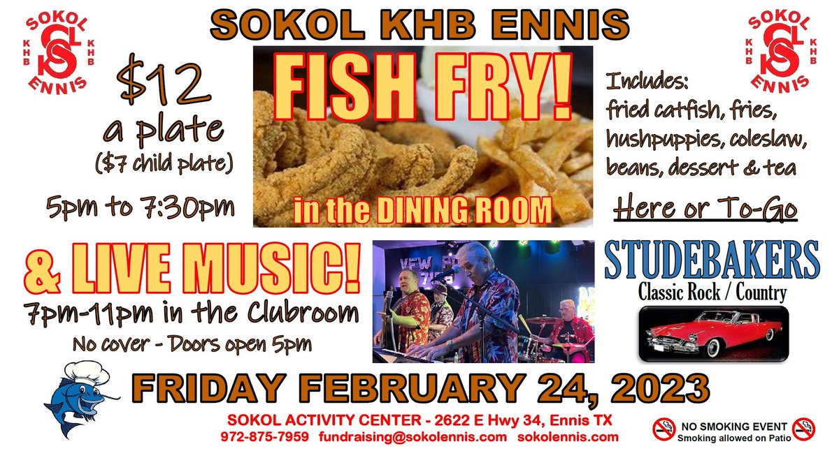 So what's on the menu for dinner tonight? How about catfish with a side of live music?! Enjoy a fish fry from 5-7:30 with a live performance by the Studebakers from 7-11pm tonight, Fri., Feb. 24th, at the Sokol of Ennis. Life is good. Make time to enjoy it.