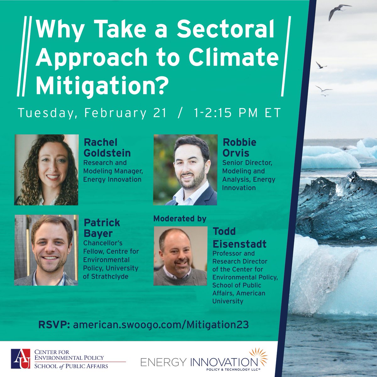 Join SPA's <a href="/CEP_AmericanU/">CEPatAU</a> &amp; <a href="/EnergyInnovLLC/">Energy Innovation Policy & Technology LLC®</a> tomorrow, Feb. 21, at 1 p.m. for "Why Take a Sectoral Approach to Climate Mitigation?" w/ <a href="/remmagolds/">Rachel Goldstein</a>, <a href="/robbieorvis/">Robbie Orvis</a> &amp; Patrick Bayer (@pol_economist, <a href="/StrathPolIR/">Strathclyde - Government and Public Policy</a>), moderated by  CEP's Todd Eisenstadt. RSVP: bit.ly/3RTezF5