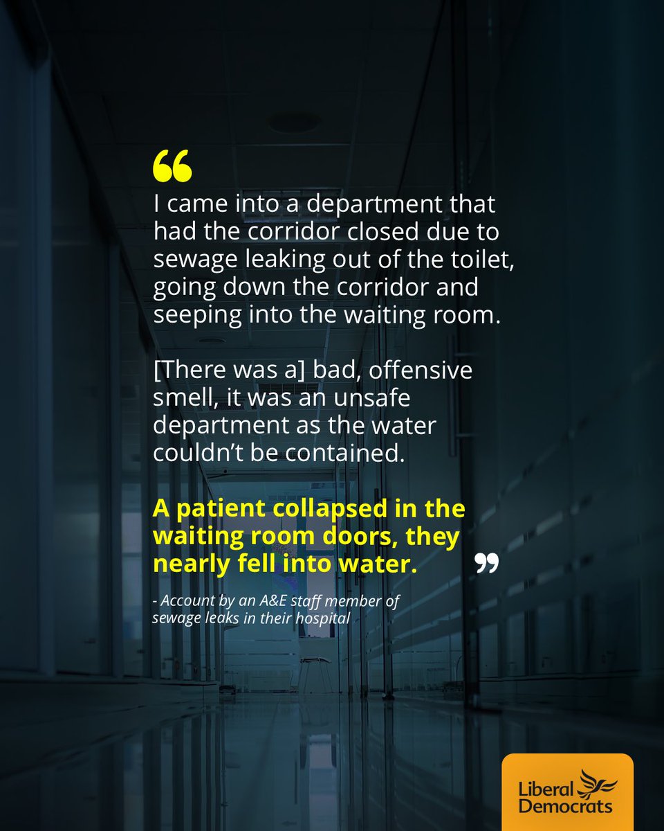 LibDems's tweet photo. This is a national scandal. Patients should not be treated in these conditions and our nurses shouldn’t have the indignity of mopping up foul sewage.

This Conservative government has left our country’s hospitals to fall apart and taken local communities for granted. https://t.co/wGb0QyQd2M
