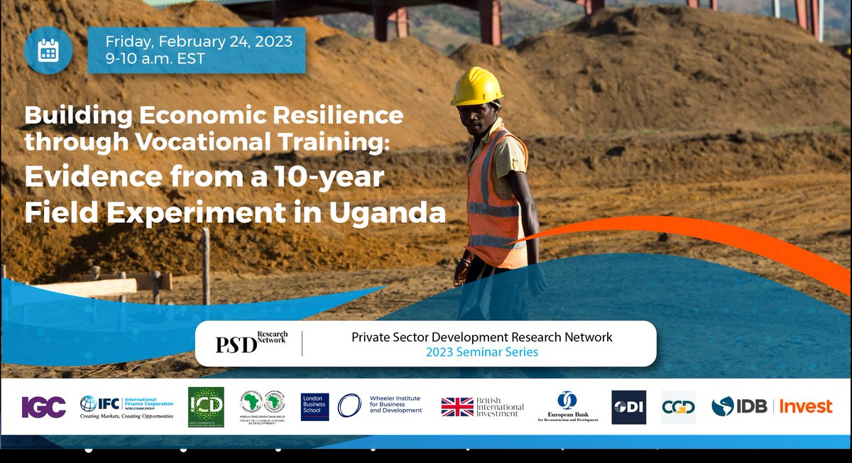 🔉Join us this Friday!

February 24 at 9am EST for a virtual seminar organized by the Private Sector Development Research Network #PSDRN and hosted by the International Growth Centre #IGC Vittorio Bassi (University of Southern California/IGC Uganda) 1/3