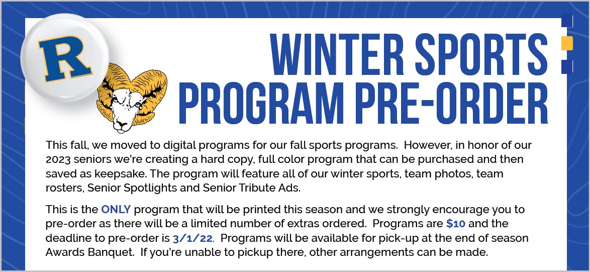RAMSBoosters's tweet photo. Robinson Rams keepsake *Winter Sports Programs* feature team photos &amp; rosters + 2023 senior profiles for all winter sports. $10 each. Preorder by Wed 3/1 to secure your copy! #RobinsonRams #Hornsup https://t.co/FaevUsOotS https://t.co/GgdCBP6cW6