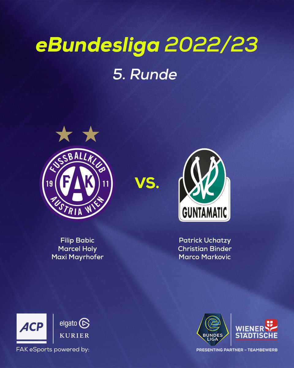 ⁣🎮 Morgen Abend, Dienstag 21.02., geht‘s für uns in der <a href="/eBundesliga_at/">eBundesliga</a> in Runde 5 gegen <a href="/svried1912/">SV Ried 1912</a> 🙌

<a href="/LAOLA1_at/">LAOLA1</a> überträgt ab 18:00 Uhr das 
Topspiel und die Highlights von @juno16x <a href="/FAK_Maxi/">Maxi</a> und <a href="/FIFAFICO/">FIFAFico</a> . 

Wieviele Punkte gehen auf das Konto der Veilchen 💜 ?