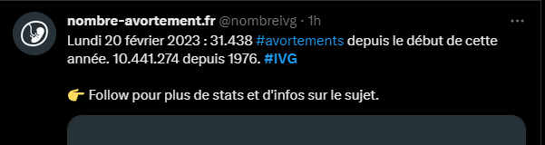 nombrelvg's tweet photo. Lundi 20 février 2023 : 31.438 personnes n'ont pas eu à subir une grossesse contre leur volonté.

Mais attention, peut-être que les anti #avortements annuleront les #ivg l'année prochaine, comme pour 2022.
https://t.co/0NYu5BnoGU
OUI à l'ivg libre, gratuite et pour tou-te-s. https://t.co/ogpw4hbIhm