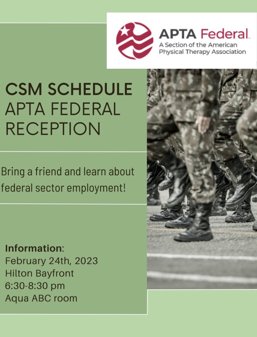 FederalPT's tweet photo. Members: Remember to join us for the APTA Federal Reception. Bring a friend if they have an interest in the PT Federal sector. SPTs, please join us! https://t.co/PhV2WeMnWb