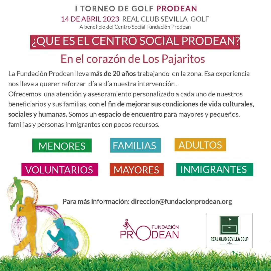 Fundación PRODEAN (@prodean_org) on Twitter photo ⛳️ I TORNEO DE GOLF PRODEAN
14 abril 2023 en el Real Club Sevilla Golf
Deporte y ocio solidarios para deportistas, aficionados y familias a beneficio del Centro Social Prodean.
Empresas o entidades patrocinadoras info:
direccion@fundacionprodean.org
¡Pronto más detalles ⛳️ I TORNEO DE GOLF PRODEAN
14 abril 2023 en el Real Club Sevilla Golf
Deporte y ocio solidarios para deportistas, aficionados y familias a beneficio del Centro Social Prodean.
Empresas o entidades patrocinadoras info:
direccion@fundacionprodean.org
¡Pronto más detalles