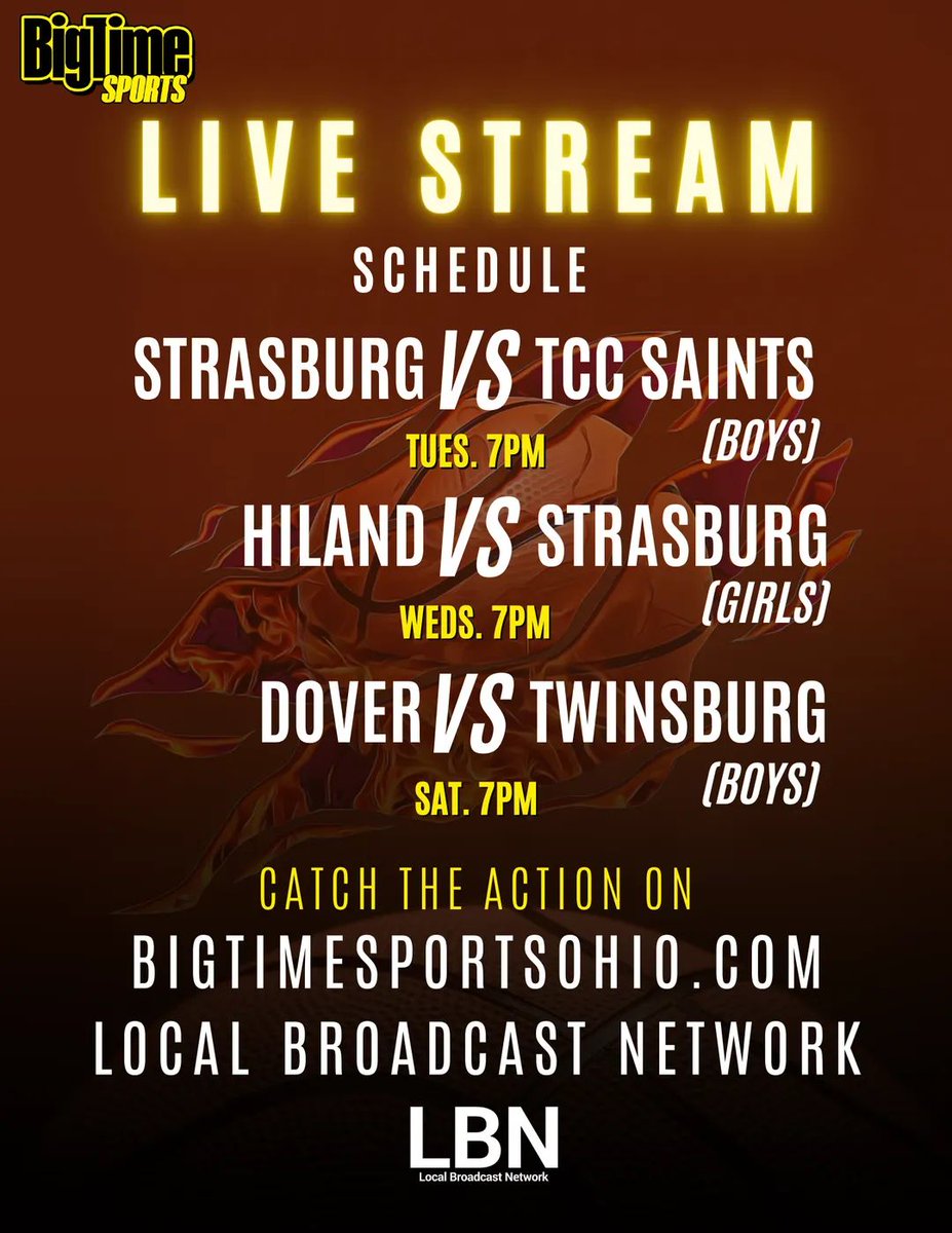 ATTENTION SPORTS FANS‼️
We have a  REALLY BIG week here at BigTime Sports. There will be 3 live streamed high school basketball games. watch LIVE at bigtimesportsohio.com
<a href="/TCCBasketball/">TCC Basketball</a> <a href="/StrasburgSports/">Strasburg Tigers</a> <a href="/strasburghoops/">Strasburg Basketball 🏀</a> <a href="/JDabbs86/">Jim Dabbelt</a> <a href="/OHN_Mike/">Ohio Hoop News</a> <a href="/EastDistrictAB/">East District (EDAB)</a>