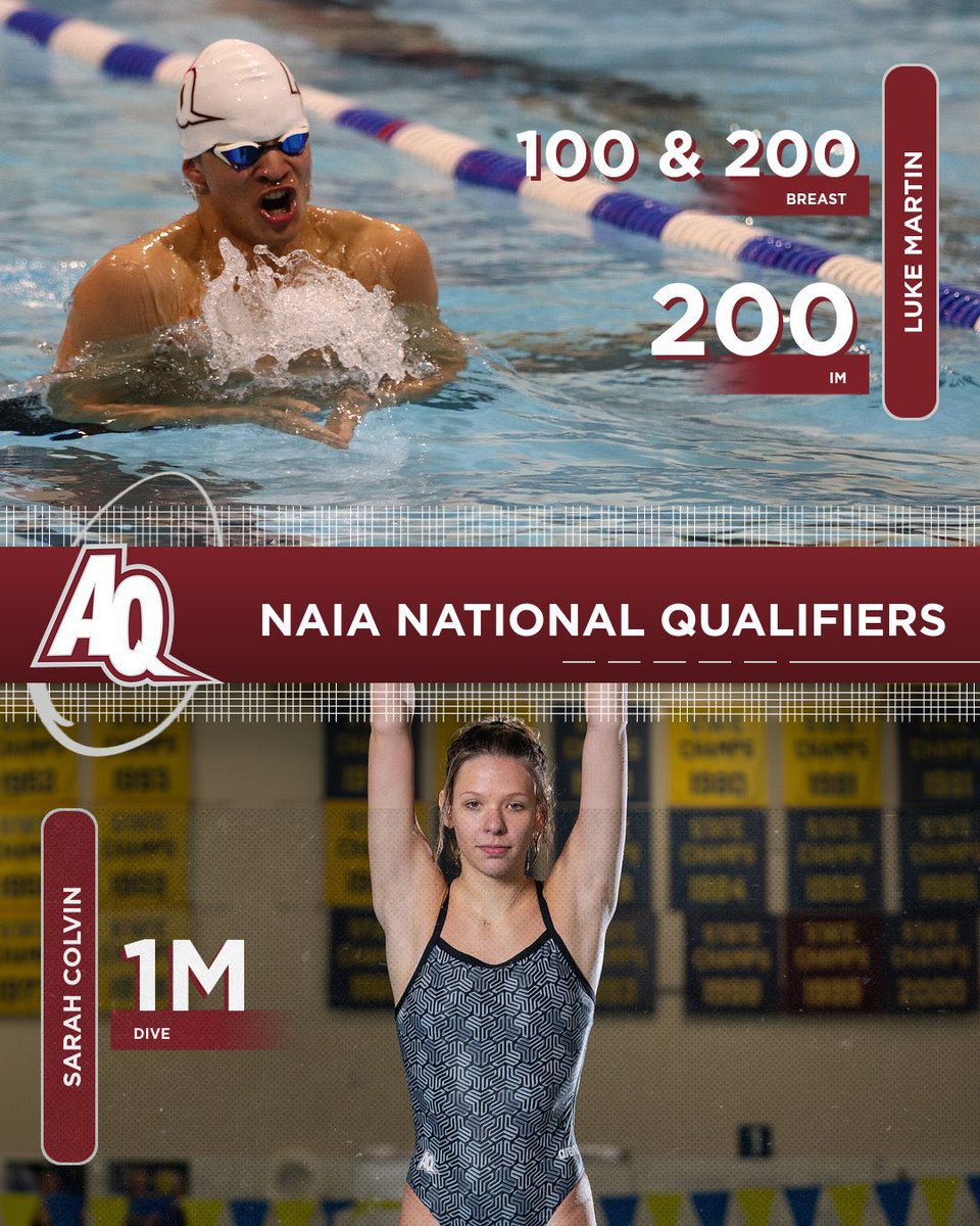 AQSaints's tweet photo. 🚨We have history! The first @AQSwimDive competitors to qualify for the NAIA National Championships are Luke Martin and Sarah Colvin! The duo will head to Columbus, Georgia on March 1-4. Luke and Sarah are the first members of the AQ swimming teams to ever qualify for Nationals! https://t.co/mnMPqOAoc8