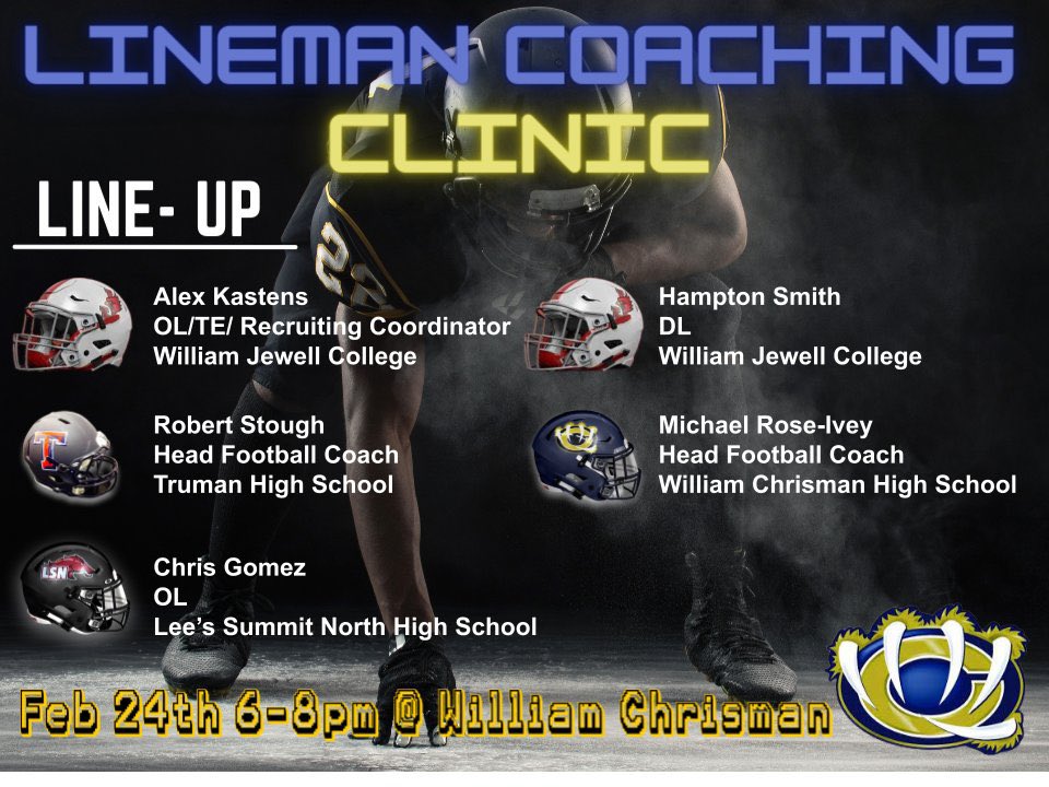 This Friday we are hosting a FREE Lineman Coaching Clinic @ William Chrisman from 6-8pm! Will have food and drinks. Open to coaches of all levels! 

Headlining the clinic is William Jewell OL Coach, Alex Kastens and William Jewell DL Coach, Hampton Smith!