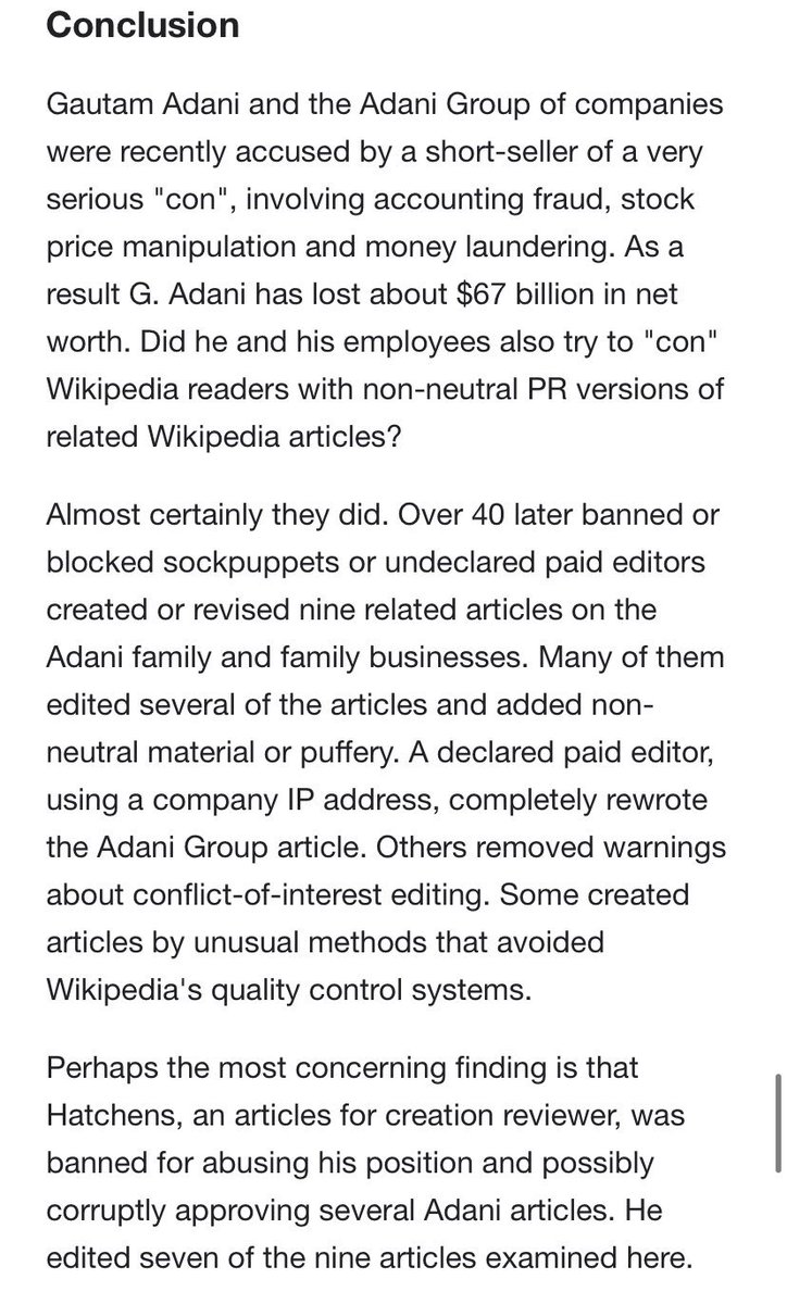 NateHindenburg's tweet photo. Of all things—now the Signpost, Wikipedia's independent newspaper, is out w/ an article showing how Adani systematically manipulated its Wikipedia entries using sock puppet accounts, undisclosed paid editors &amp; removing evidence of conflicts of interest.

https://t.co/s7Yzw8rXys https://t.co/UVG6dVWtfu