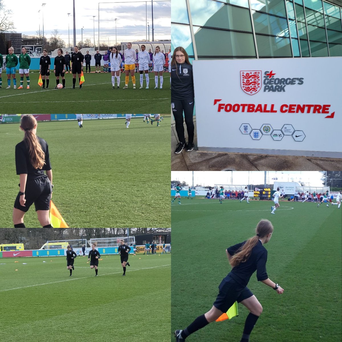 Karkyk's tweet photo. Another 1st in Ella's officiating journey and an amazing one too. AR for England u18 vs Republic of Irelend u19 at St George's Park. An experience that she will never forget. From the actual game to getting to chat with current Premiership referees. @FARefereeing #girlsthatref https://t.co/0JARkq4C0G