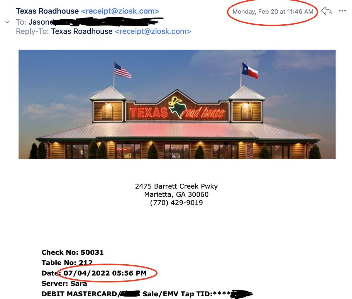 JasonDyba's tweet photo. @texasroadhouse thank you for emailing me my receipt, as I requested. It only took 231 days to arrive. 😆 At least the dinner rolls were on time, which is really what matters. https://t.co/uu0QjXqiwi