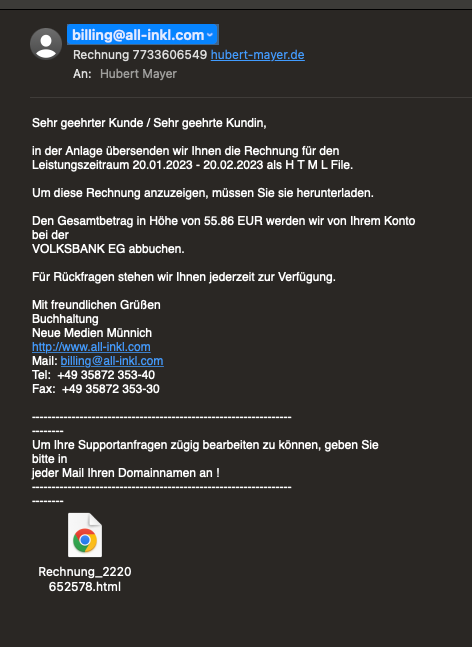 HubertMayer's tweet photo. Oha, da ist ein offenbar übler Phisingversuch für Domains bei #Allinkl unterwegs. Das ist fast 1:1 die Rechnung, wie sie von all-inkl kommt, also bis auf die html Rechnung und den natürlich fehlerhaften Betrag/Zeitraum und die Bank... aber das überliest sich schnell https://t.co/qJ9h158smA