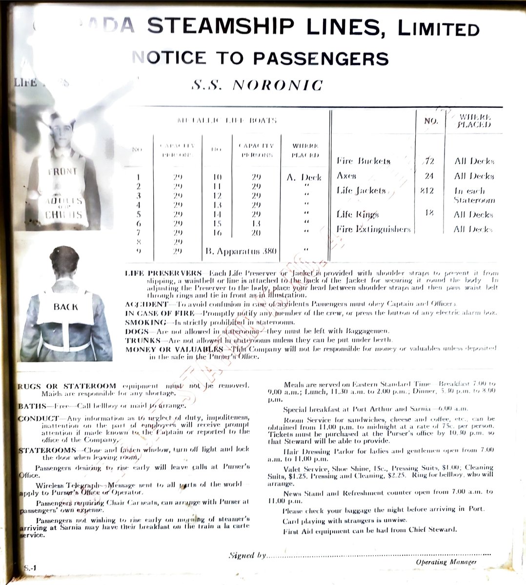 #maritime #historians #noronic #greatlakes #canadasteamshiplines
Safety info for passengers on the S.S.Noronic