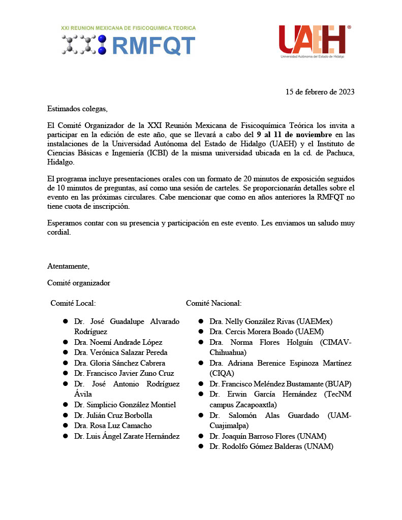 rmfqt1's tweet photo. Estimada comunidad de la #RMFQT, ahora por esta vía les compartimos la primera circular para la #XXIRMFQT a celebrarse en Pachuca, Hidalgo en noviembre de este año.
#RMFQT #CompChemMX #Pastes https://t.co/jauOKxMVZ7