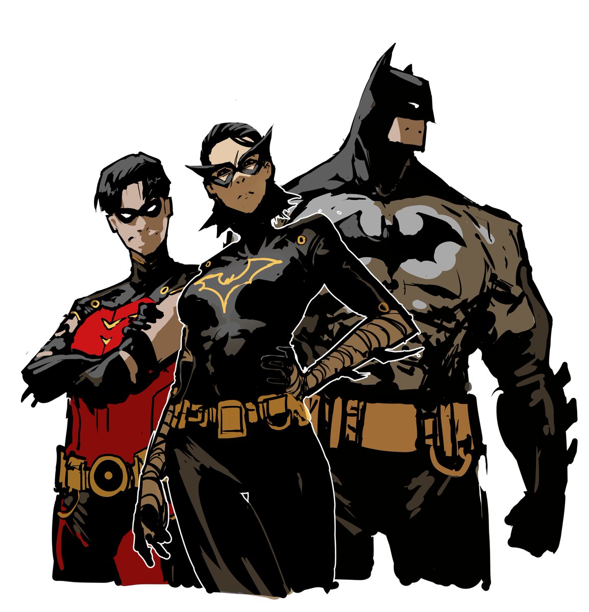 1girl multiple boys mask 2boys superhero black hair bodysuit  illustration images