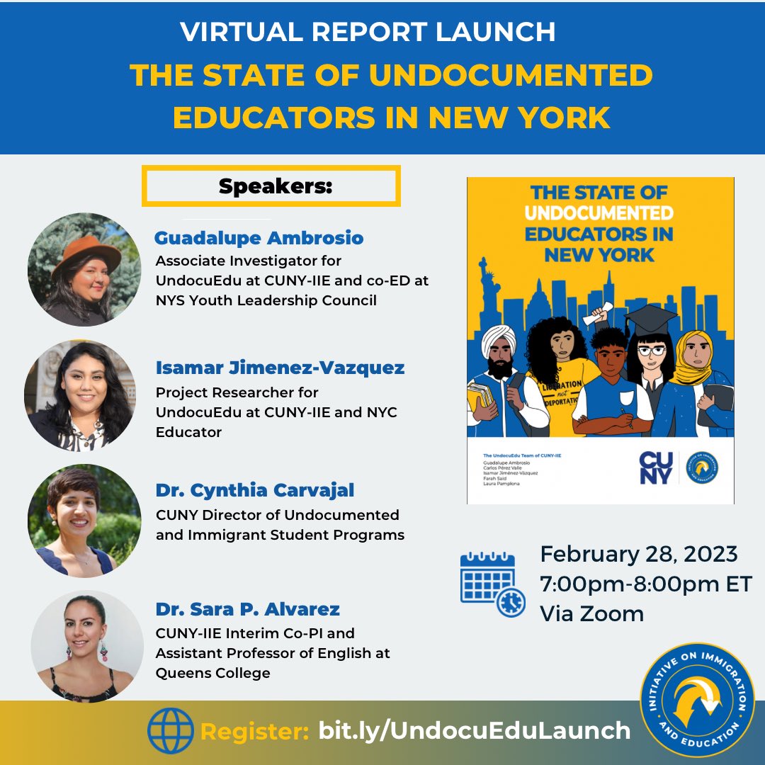 We are excited to announce the speakers for our Virtual Launch for the report titled “The State of Undocumented Educators in New York” which will be held on Tuesday February 28th from 7pm-8pm ET. RSVP with the link on our Bio and share 📚💻✏️ bit.ly/UndocuEduLaunch
