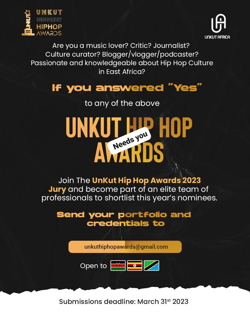 Unkut HipHop Awards is making a comeback this year and you can be a panelist. All you need to do is submit your resume kwa email. Check the poster for more details.

Transparency hii hapa.

Salute <a href="/justrubyv/">Miss Calculated</a> for bringing the Awards Back. iende Sana😎

#unkuthiphopawards23