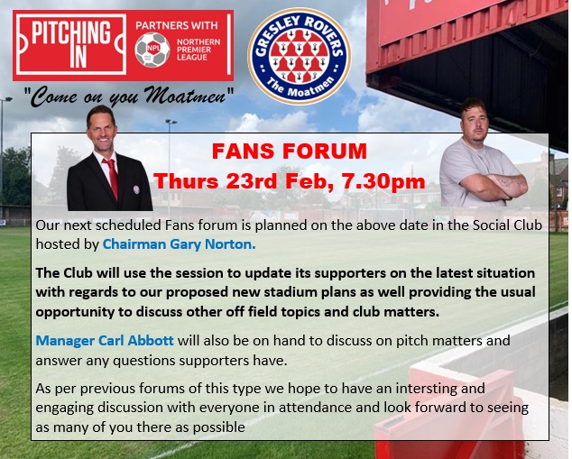 GresleyRovers's tweet photo. Don’t forget our Fans Forum this Thursday evening in Harry’s Bar commencing 7.30pm.  

Manager Carl Abbott will be talking about team affairs before Chairman Gary Norton updates supporters on the latest news with regards to planning issues related to the propsed new stadium https://t.co/IWFZp6yPNI